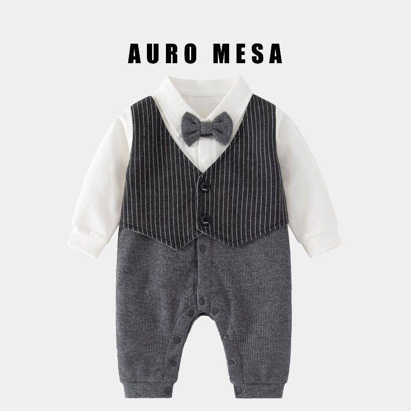 AuroMesa婴儿秋季假两件领结绅士哈衣男宝长袖生日礼服连体衣周岁