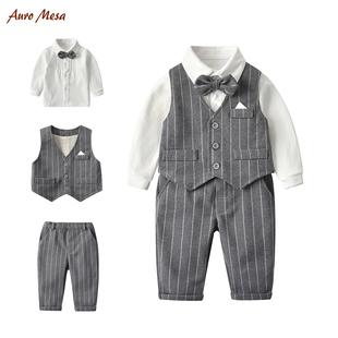 婴儿绅士套装春秋马甲衬衣裤子三件套男宝宝百天周岁礼服宴会拍照
