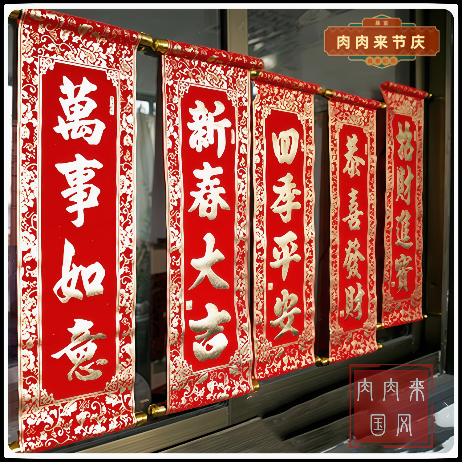 四字挂联绒布新春对联装饰表演春节新年春联挥春手持卷轴小号挂件