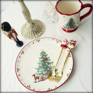 圣诞节手工陶瓷品茶杯子耶诞节彩绘装 饰茶具盘子餐厅餐具圣诞礼物