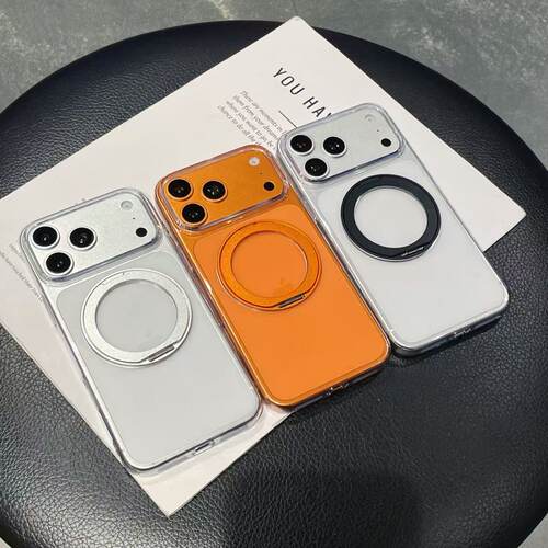 适用于苹果17PROMAX/IPhone16/P90/MATE80/70晶透360旋转金属支架超薄PC加硬不发黄磁吸透明保护套手机壳批发
