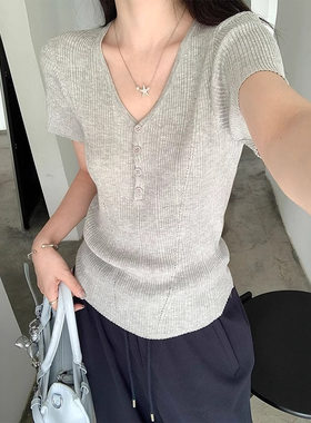 纯欲正肩v领大领口针织衫短袖t恤女2026夏季新款修身显瘦短款上衣