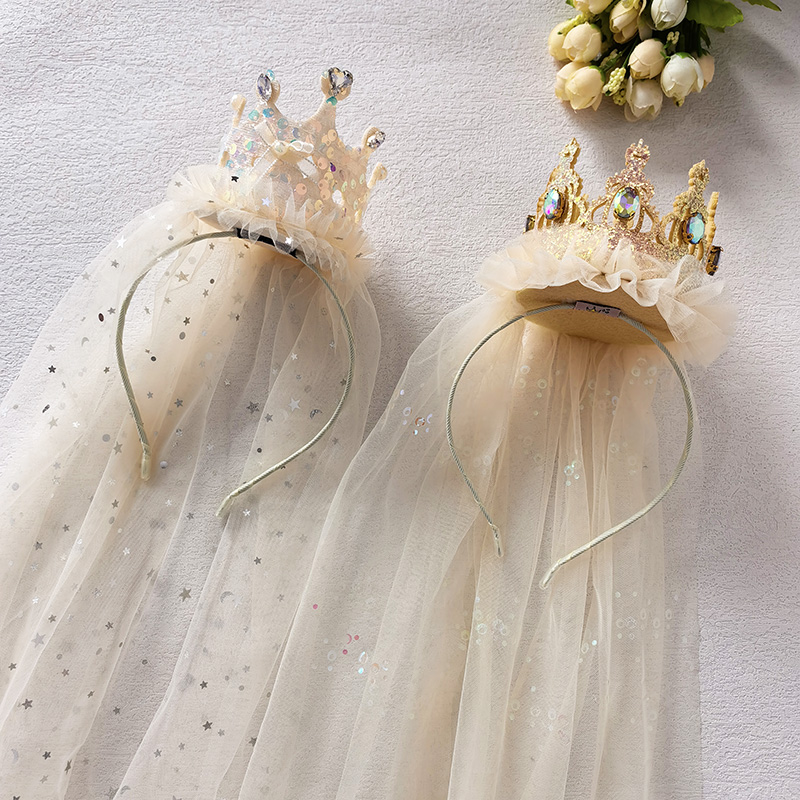 新款生日快乐派对礼服配饰公主皇冠头纱镶钻王冠发箍亮片披纱超仙