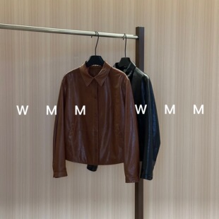 WMM棕黑超软翻领短款皮衣外套女春秋新款百搭时尚休闲真皮通勤韩