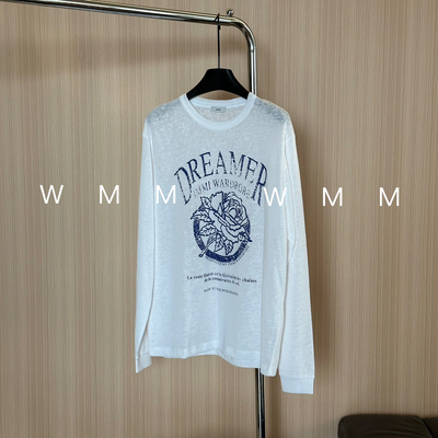 WMM花朵做旧印长袖T恤女百搭宽松时尚休闲大板型圆领春夏新款上衣