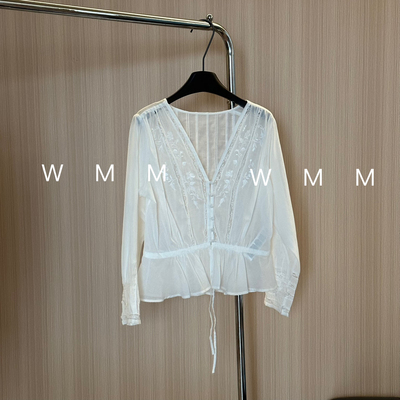 WMM小收腰蕾丝v领长袖衬衫女士夏季新款百搭时尚休闲透气微薄上衣