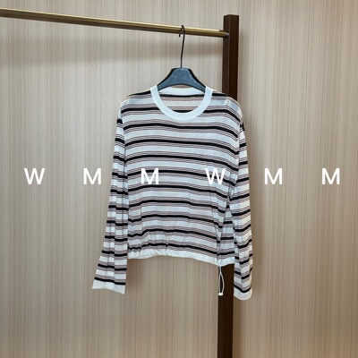 WMM条纹抽绳圆领长袖T恤女新款休闲百搭韩版时尚气质舒适显瘦上衣