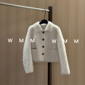 毛毛外套女秋冬新款 WMM翻领短款 白颗粒长袖 百搭羊毛麂皮保暖ins韩