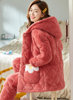 睡衣女冬季夹棉保暖可爱三层加厚加绒珊瑚绒棉袄家居服大码可外穿