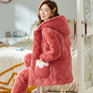 睡衣女冬季夹棉保暖可爱三层加厚加绒珊瑚绒棉袄家居服大码可外穿