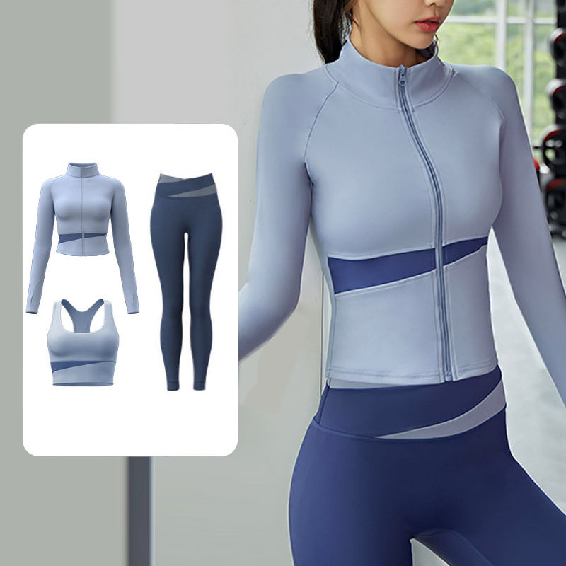 高定【三件套】蜜桃拼色瑜伽外套亲肤裸感无缝运动高领健身服女