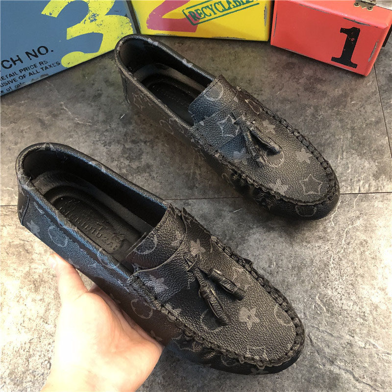 流苏豆豆鞋男真皮高级感一脚蹬懒人鞋男印花内增高精神小伙 伙鞋