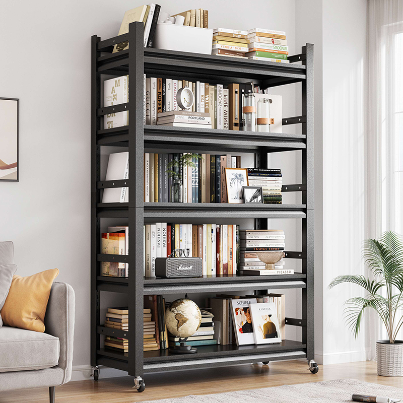 简易书架可移动家用铁艺置物架落地带轮储物收纳架图书馆客厅书柜