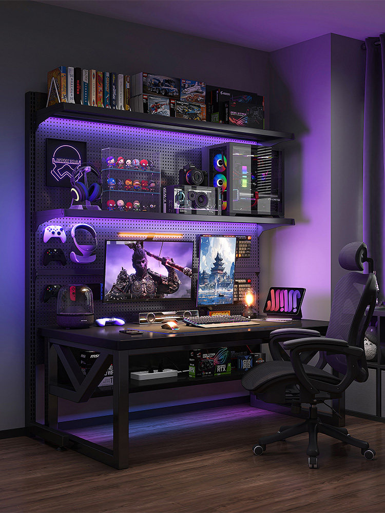 桌面电脑桌孔板书架集成电子运动桌卧室家庭落地式储物架桌椅套装