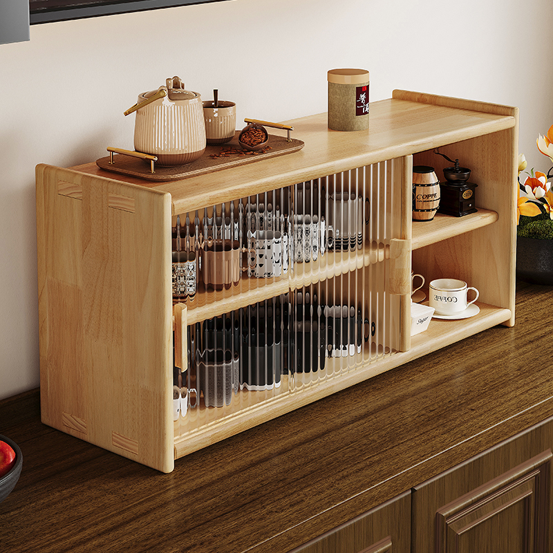 实木桌面置物架日式杯子收纳架防尘置物柜带玻璃柜门书桌边柜杯架