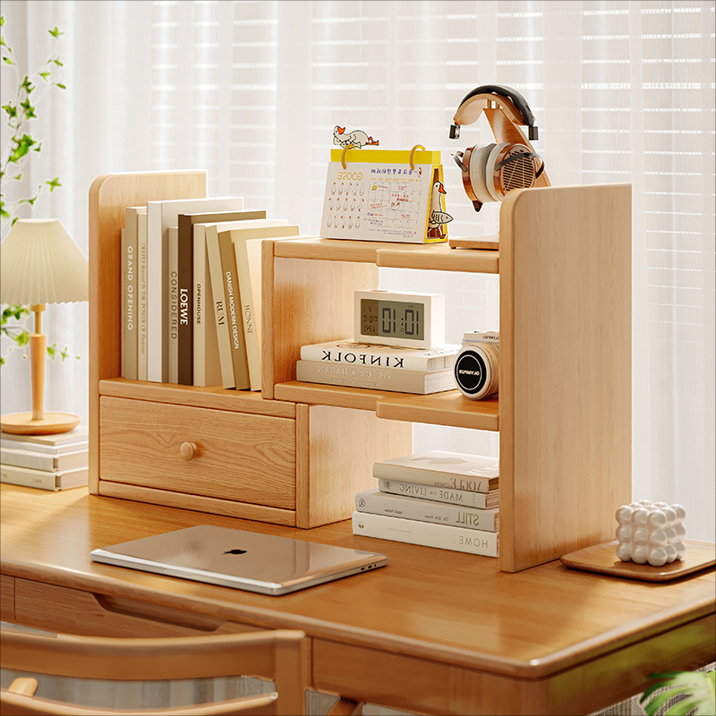 实木桌面置物架多层可伸缩桌上书架写字台收纳架带柜门书桌办公桌