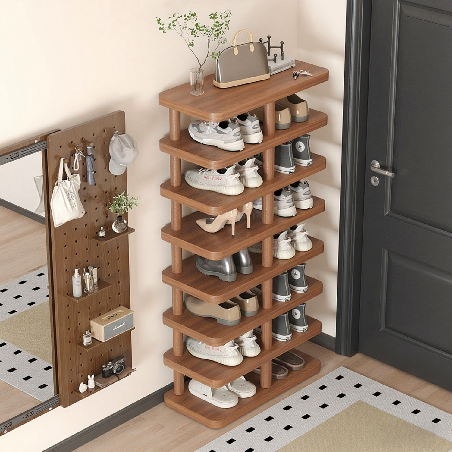 实木腿简易多层省空间入户鞋架