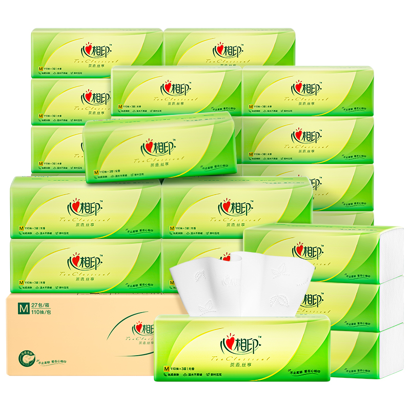 心相印茶语丝享M码抽纸3层110抽压花无香餐巾纸DT32110整箱27包