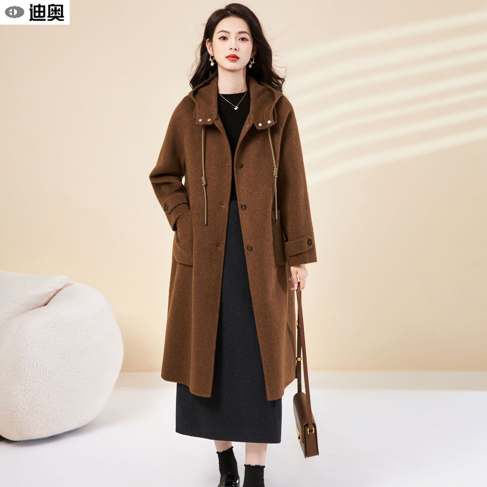 迪奥25秋冬新款连帽长袖毛呢大衣