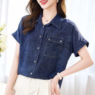 女短袖 上衣桑蚕丝小衫 26夏装 休闲翻领牛仔蓝开衫 上衣 新款 真丝衬衫