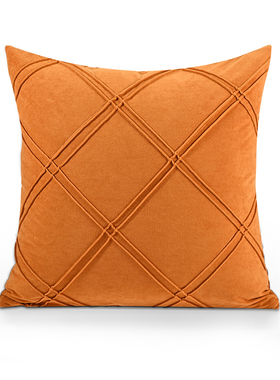 『中国结』高端菱形格子抱枕麂皮绒棕橙色客厅沙发腰枕美式样板间