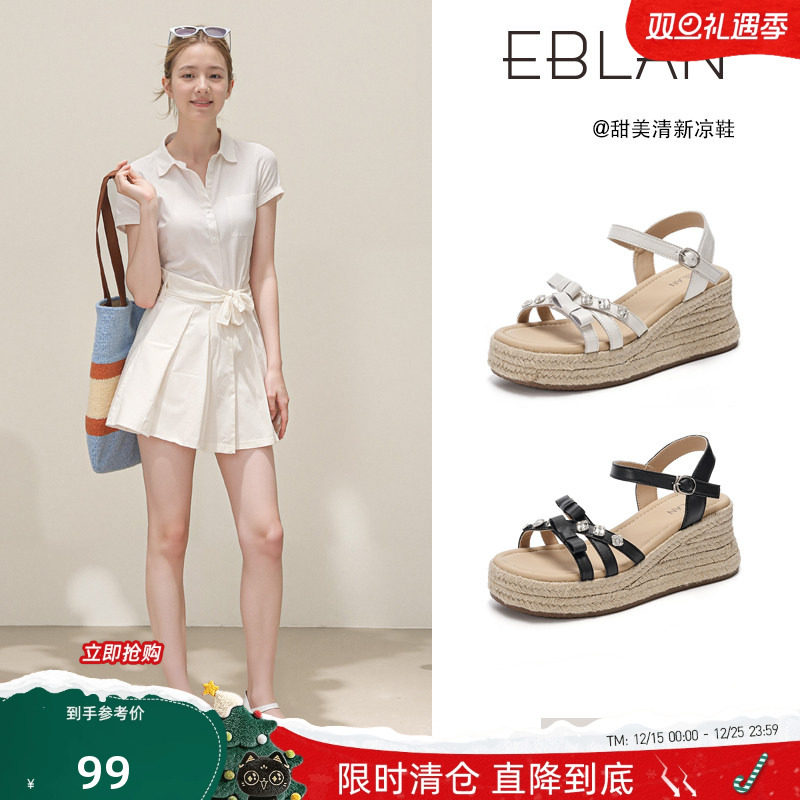 EBLAN/伊伴【99清仓福利】草编厚底坡跟水钻凉鞋女一字沙滩罗马鞋