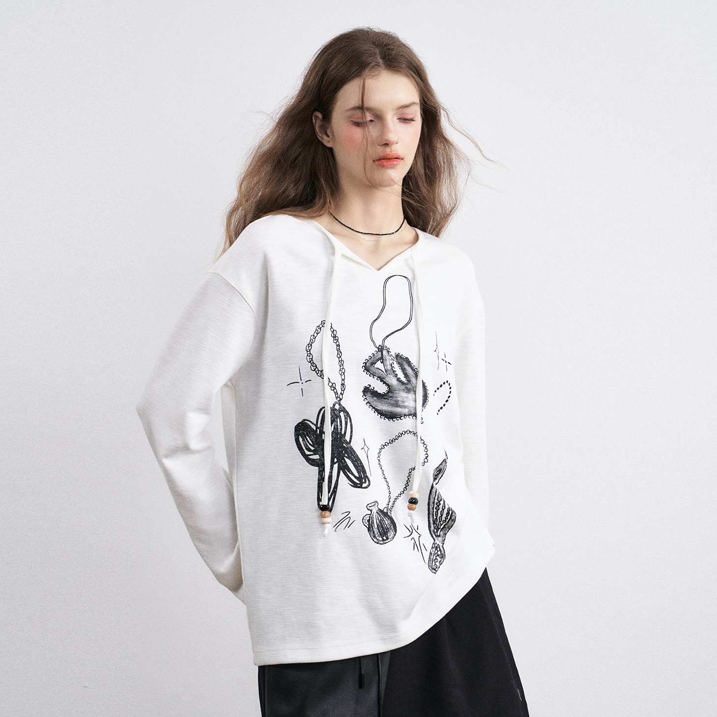 JfYanYan小众印花白色长袖上衣女