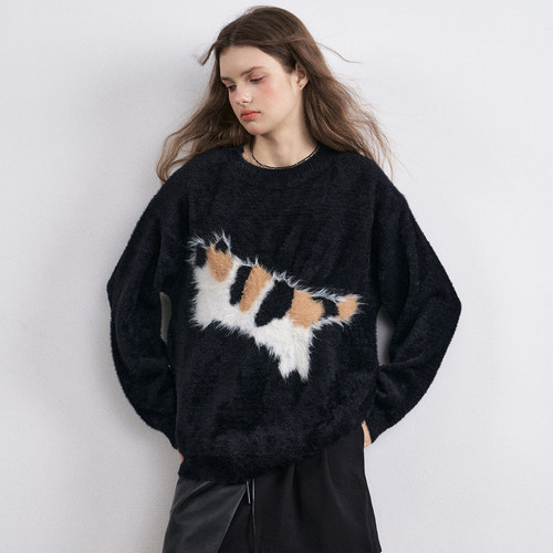JfYanYan三花猫长毛提花黑色毛衣
