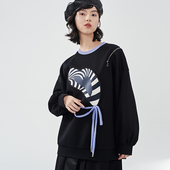 JfYanYan纯棉黑色卫衣女秋季 可爱爱心印花圆领套头宽松休闲款 上衣