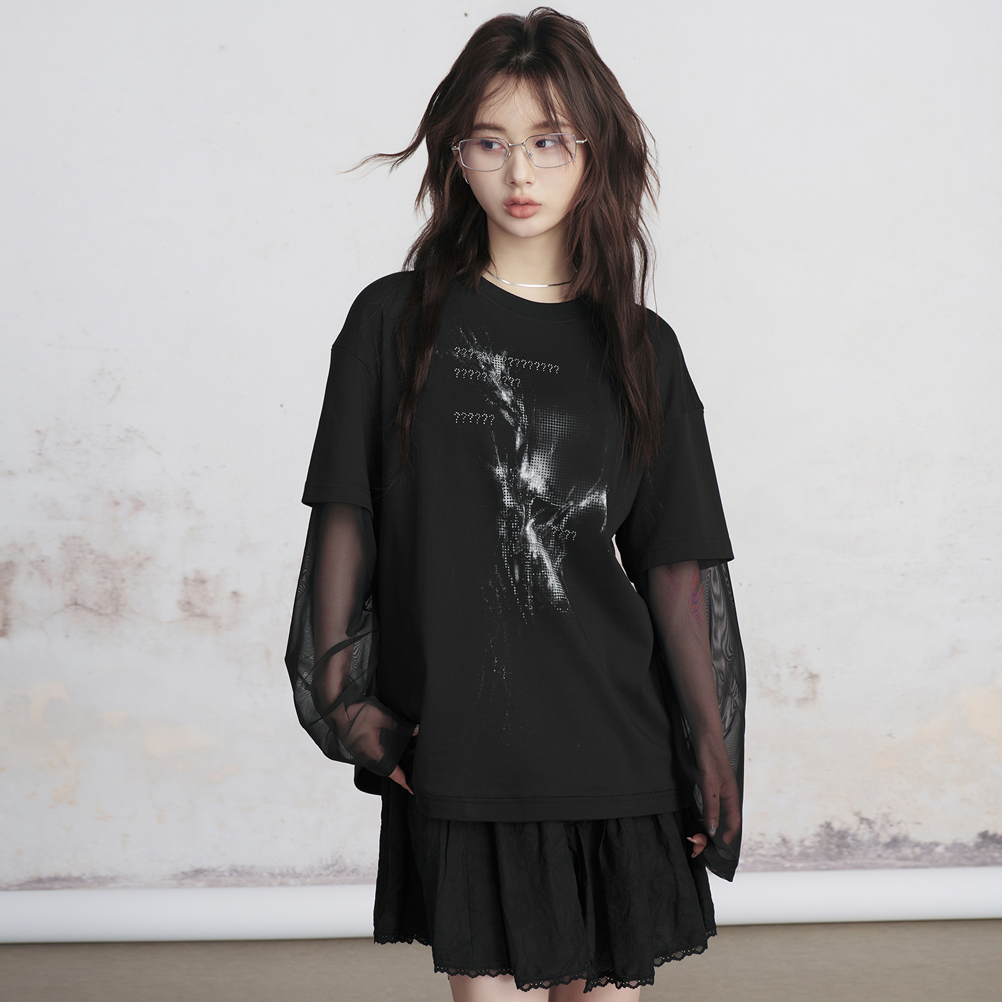 JfYanYan假两件网纱袖防晒t恤夏