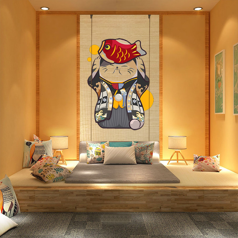 印花竹帘卷帘窗帘 隔断印画茶室中日式喷绘画帘日式招财猫