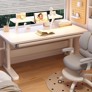 升降书桌儿童学习桌小学生写作业专用桌子家用实木书桌椅大白桌