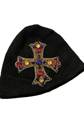 「RED ICE」十字架宝石毛边瓜皮冬帽remake