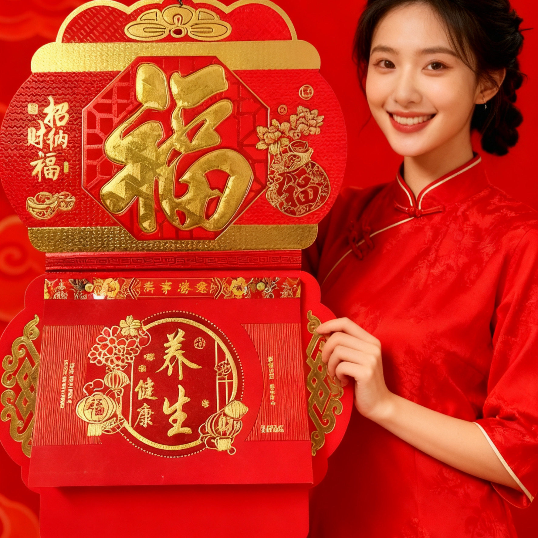 2026马年日历定制彩色塑料立体福字双日挂历绿色玉雕镀大字挂厉