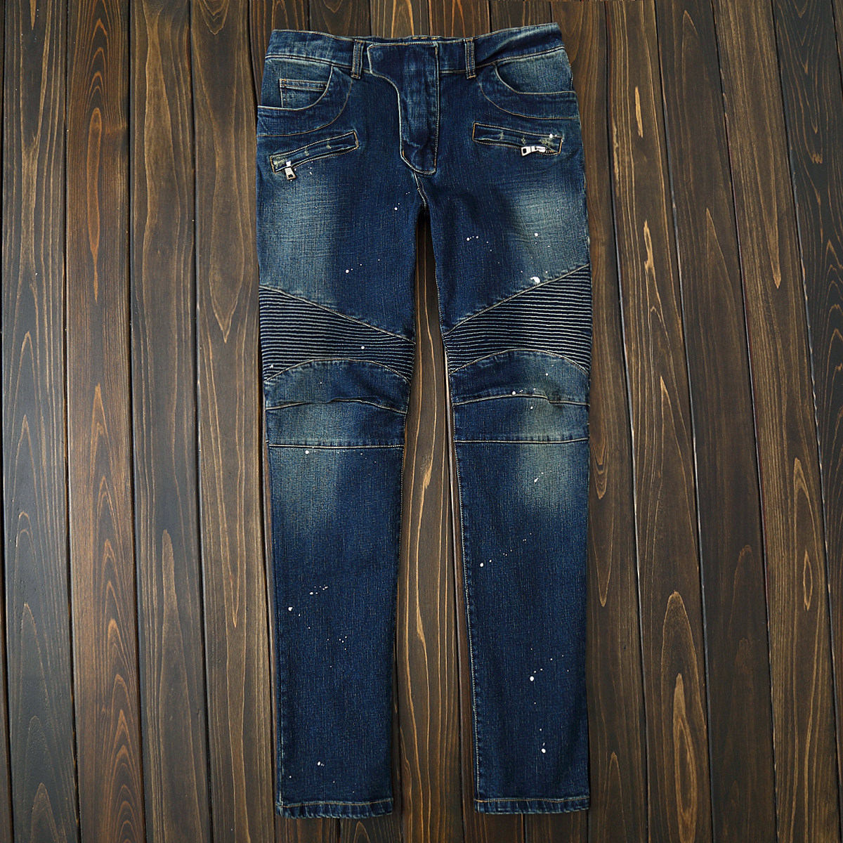 韩版明星款朋克百搭修身小腿膝盖褶皱怀旧复古机车牛仔裤男涂层裤