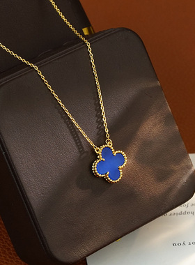 新款双面两戴蓝色幸运四叶草项链