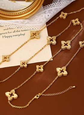 欧美重工拉丝镂空幸运四叶草项链