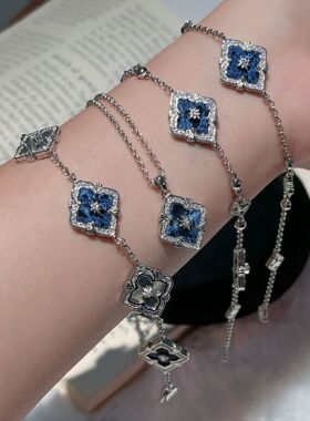 轻奢复古蓝彼得四叶花手链项链潮