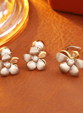 欧美拉丝花朵开口戒指耳环洋气时尚高级感立体精致指环前后戴耳钉