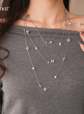 镶钻花朵芒星叠带项链轻奢小众优雅高级感多层毛衣链设计感简约潮