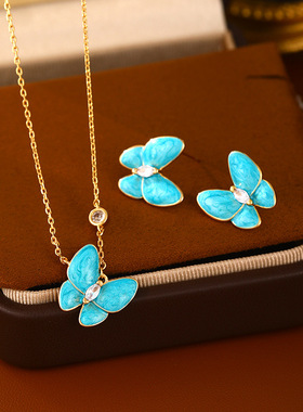 简约珐琅彩蝴蝶锆石项链耳钉轻奢小众高级感锁骨链百搭精致耳环女