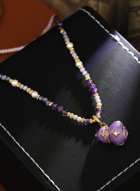 新中式复古珐琅紫葫芦吊坠串项链女长款珍珠毛衣链国潮精致锁骨链