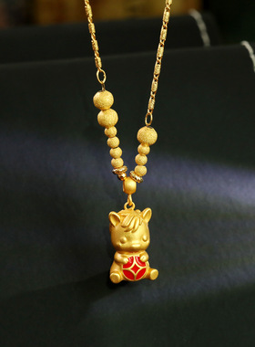 古法沙金生肖马年元宝福禄金钱项链鸿运当头小马碎金复古锁骨链潮