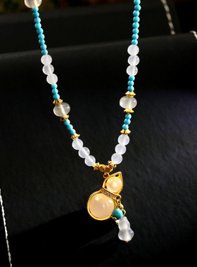 新中式民族风蓝色串珠粉玉髓葫芦项链叠戴复古小众高级感锁骨链潮
