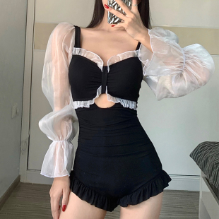 世可儿黑色泳衣温泉连体遮肚显瘦平角长袖 女 防晒复古仙气保守泳装