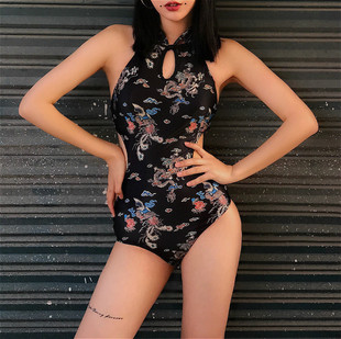 cicory2025新款 保守遮肚显瘦高领露背龙凤旗袍温泉度假连体泳衣女