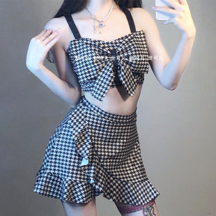 世可儿宋智雅改良千鸟格子少女裙式 平角遮肚显瘦保守分体温泉泳衣