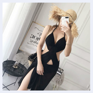 cicory 连体黑色镂空性感露背腰雪纺深V网红挂脖三件套带纱泳衣女