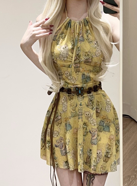 世可儿复古黄色小猫印花连体裙式平角泳衣女2025显瘦遮肚温泉度假