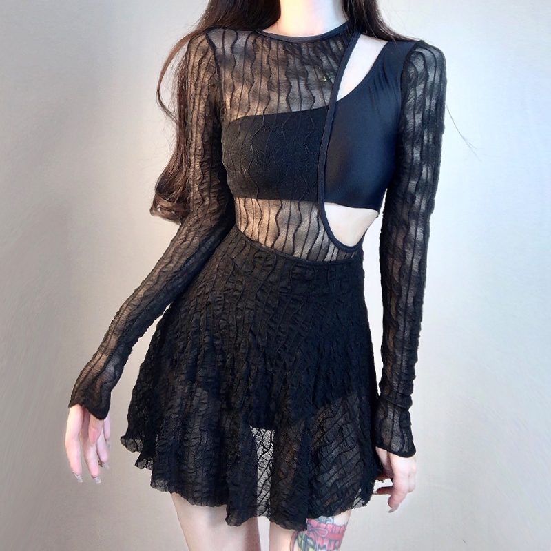 世可儿2025新蕾丝斜肩性感裙式韩国ins长袖显瘦遮肉2件套游泳衣女